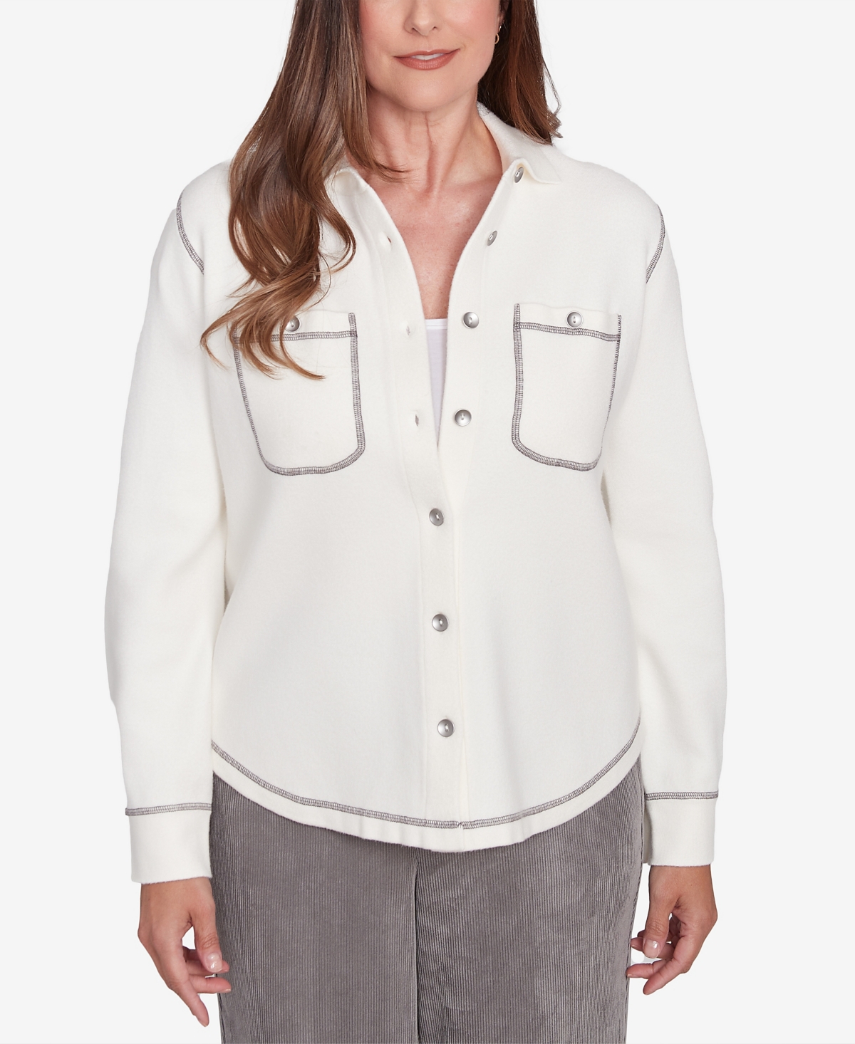 Alfred Dunner Petite Copenhagen Button Up Shirt Jacket In Winter White