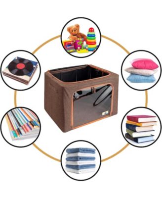 2 Pack Medium Foldable Storage Box - Metal Frame, Oxford Fabric, Large Window & Handles - Organization for Bedroom, Linens & Clothes