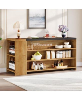 55" Kitchen Island with Storage, Farmhouse 5-Tier Stationary Island Table with 5 Shelves, Wood Coffee Bar Table Storage Cabinet with Large Countertop for Kitchen