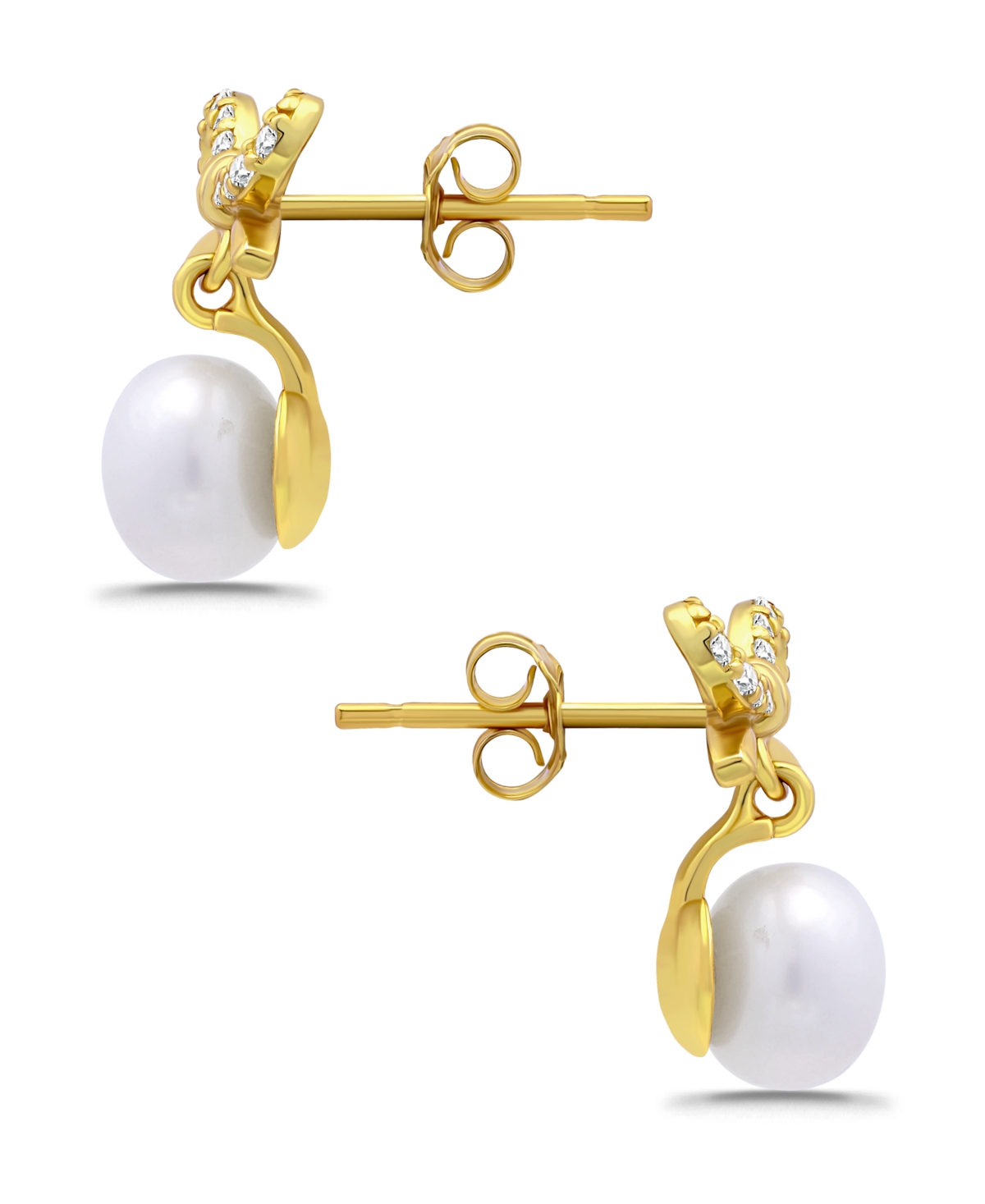 Macy's Freshwater Cultured Pearl Cubic Zirconia Bow Post Earrings In Gold