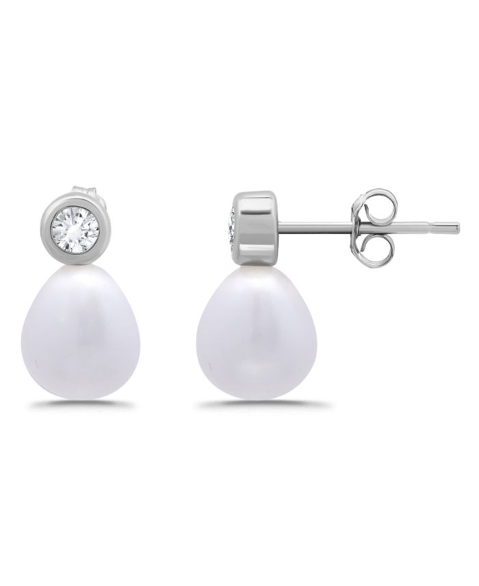 Teardrop Freshwater Cultured Pearl Cubic Zirconia Bezel Set Post Earrings