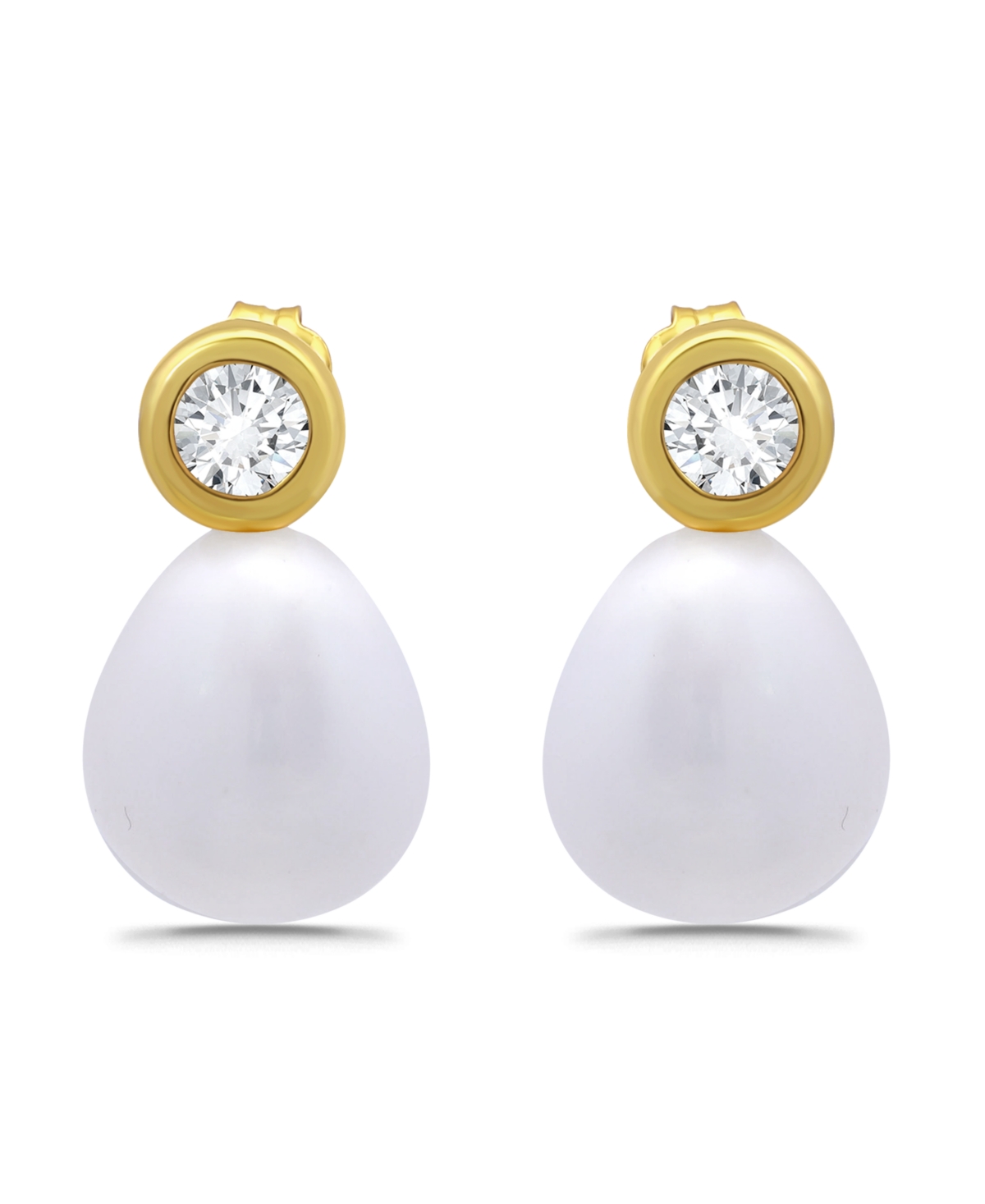 Macy's Teardrop Freshwater Cultured Pearl Cubic Zirconia Bezel Set Post Earrings In Gold