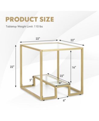 22 Inch 2-Tier Square Sofa Side Table with Tempered Glass Tabletop