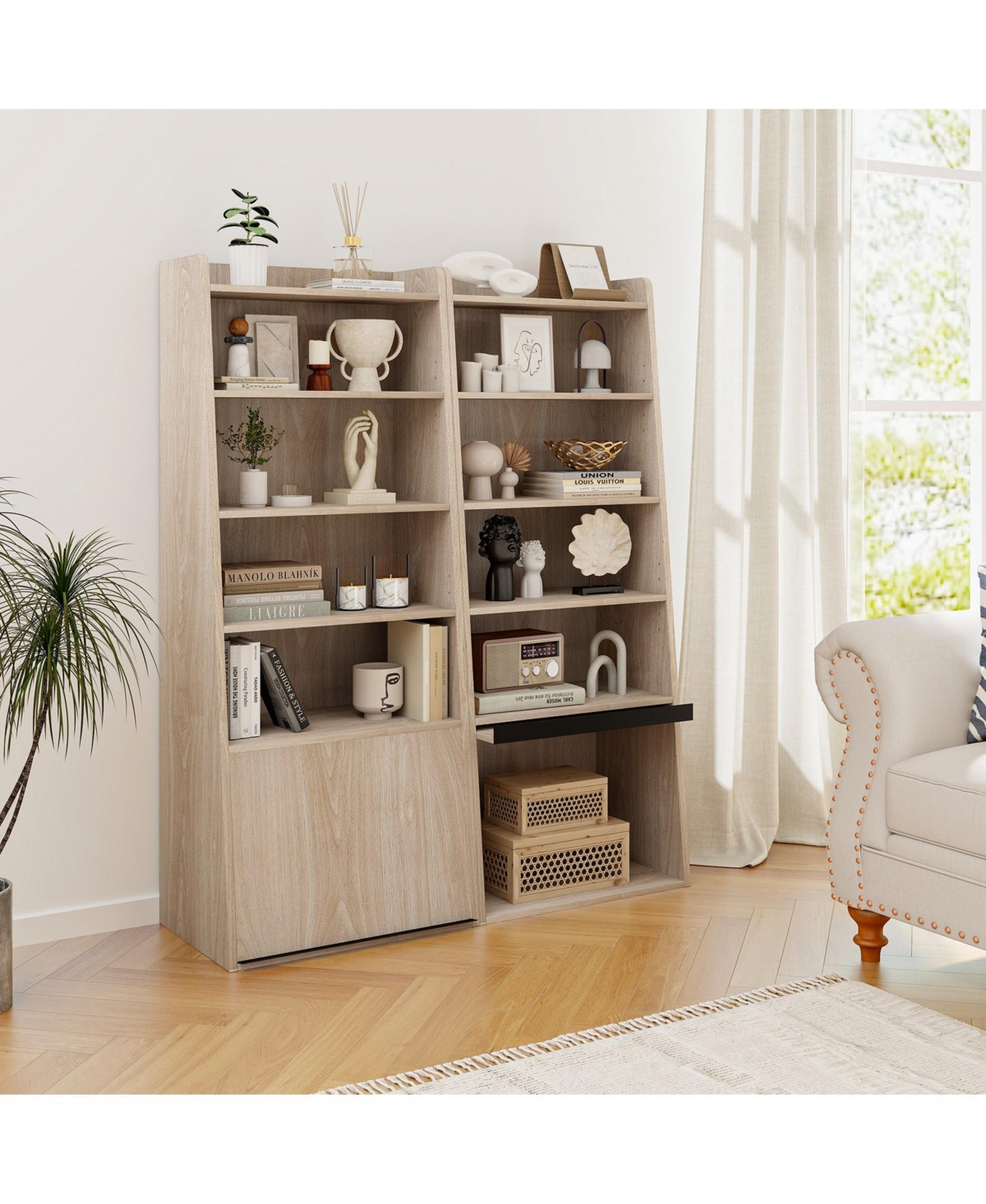 Gouun 6-Tier Bookcase Freestanding Ladder Bookshelf with 2 Adjustable Shelves Flip Up Door