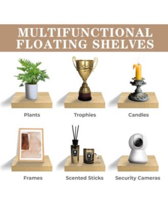 Set of 3 (9") Square Floating Shelves with Invisible Mounting Brackets for Living Room Decor, Bedroom, Bathroom Decor, Home & Kitchen (Maple)