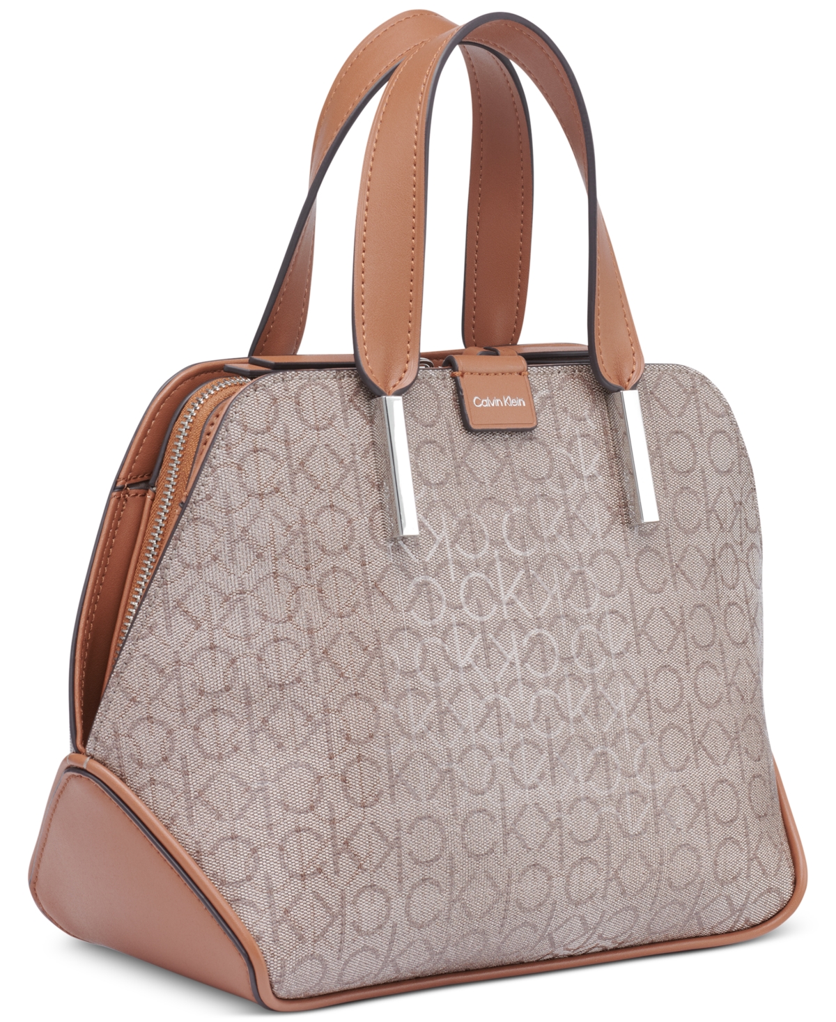 Calvin Klein Audrey Signature Convertible Satchel In Almond Taupe,caramel