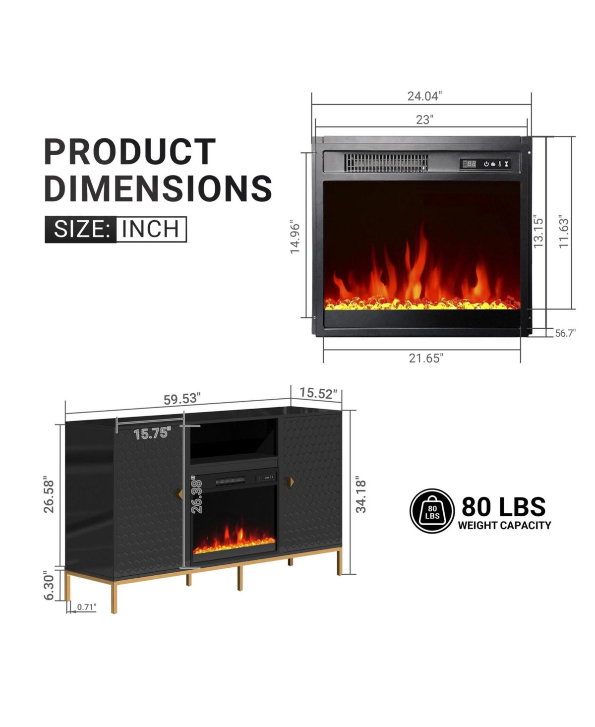 Mondawe Tv Stand with Electric Fireplace With Remote Control and Able to place items- Black