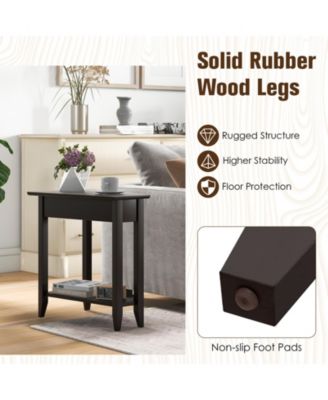 2-Tier Wedge Narrow End Table with Storage Shelf and Solid Wood Legs