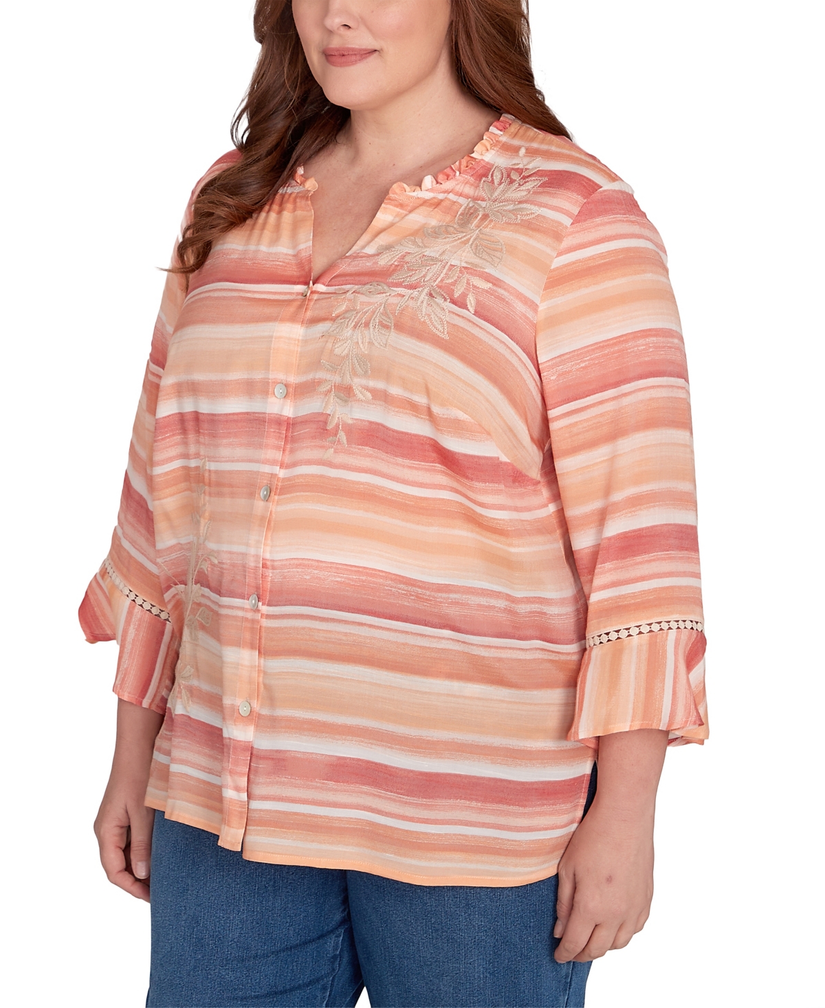 Alfred Dunner Plus Size Scottsdale Warm Stripe Floral Embroidered Top