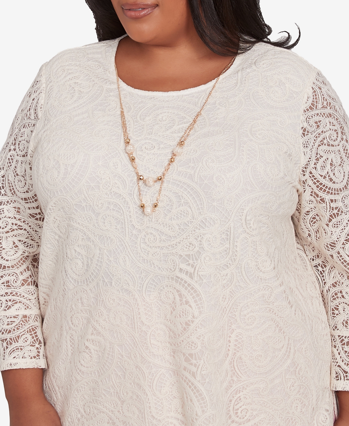 Alfred Dunner Plus Size Coming Up Roses Lace Woven Top with Necklace