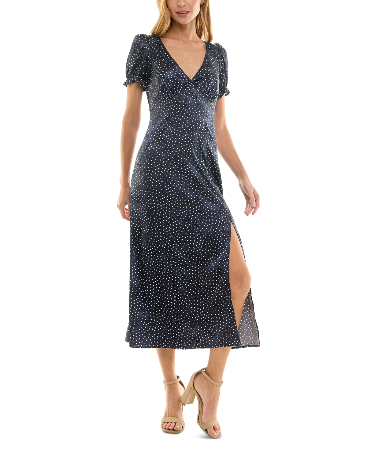 Crystal Doll Juniors' Printed Jacquard Satin Midi Dress In Navy,white