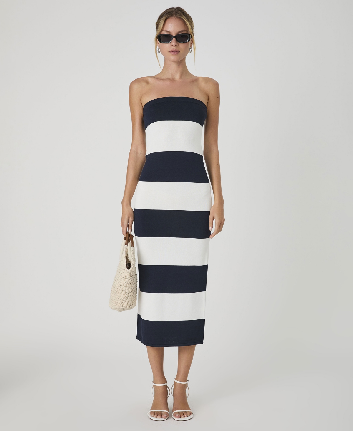Women's Bodycon Knit Midi Tube Dress - Summer White/Marine