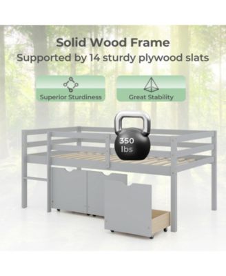 Twin Size Low Loft Bed with 3 Drawers with Ladder and Full-length Guardrails