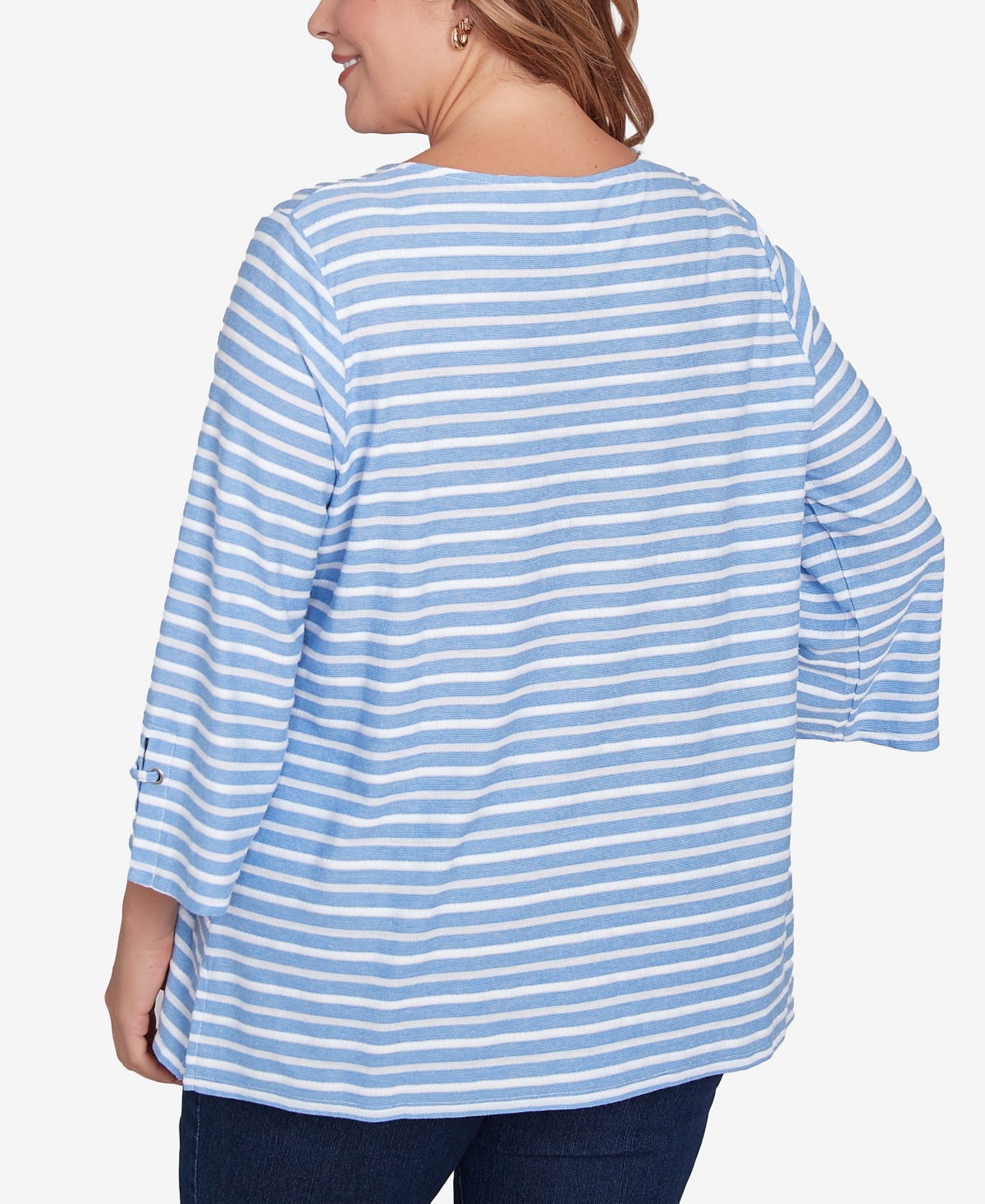 Ruby Rd. Plus Size Ribbon Stripe Laced Sleeve Top In Azure Multi