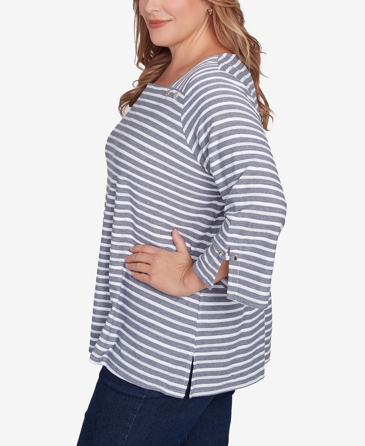 Ruby Rd. Plus Size Ribbon Stripe Laced Sleeve Top In True Navy Multi