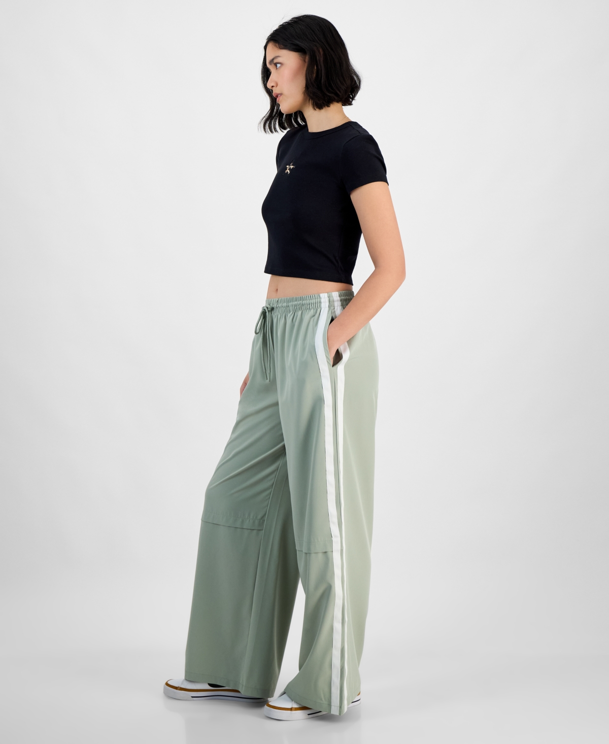 Shop Hippie Rose Juniors' Side-stripe Wide-leg Track Pants In Sage