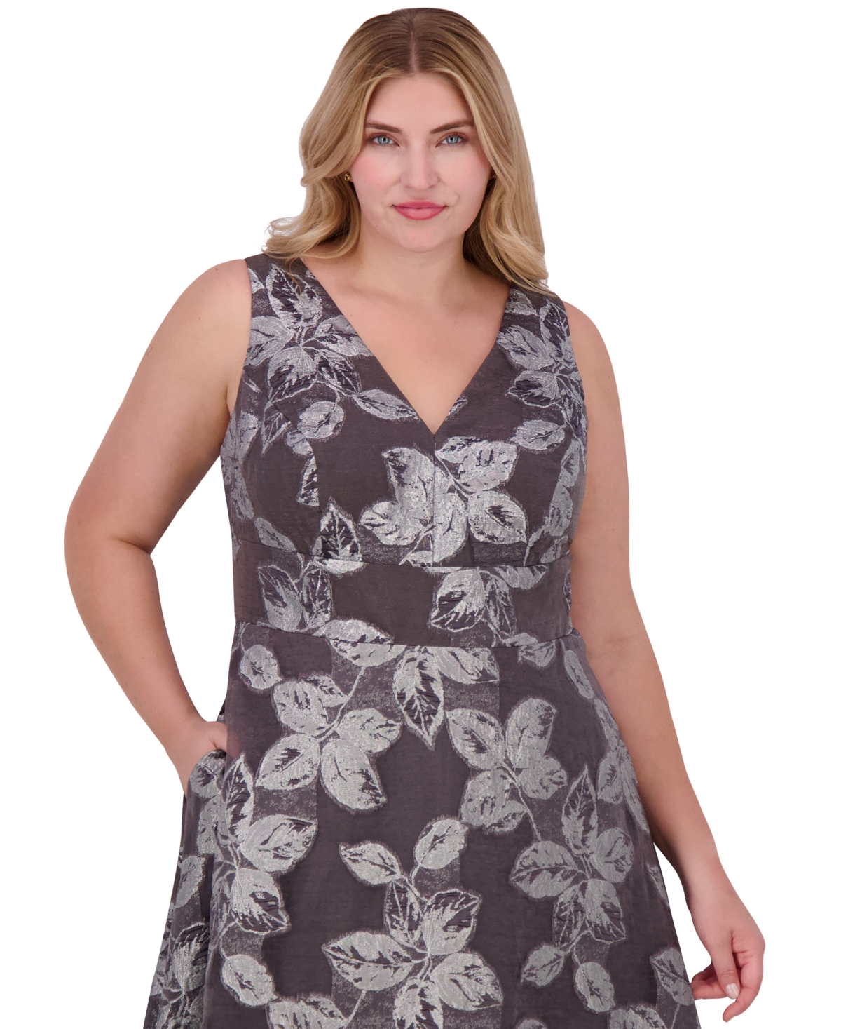 ELIZA J PLUS SIZE METALLIC-THREADED FLORAL-PRINT BALL GOWN 
