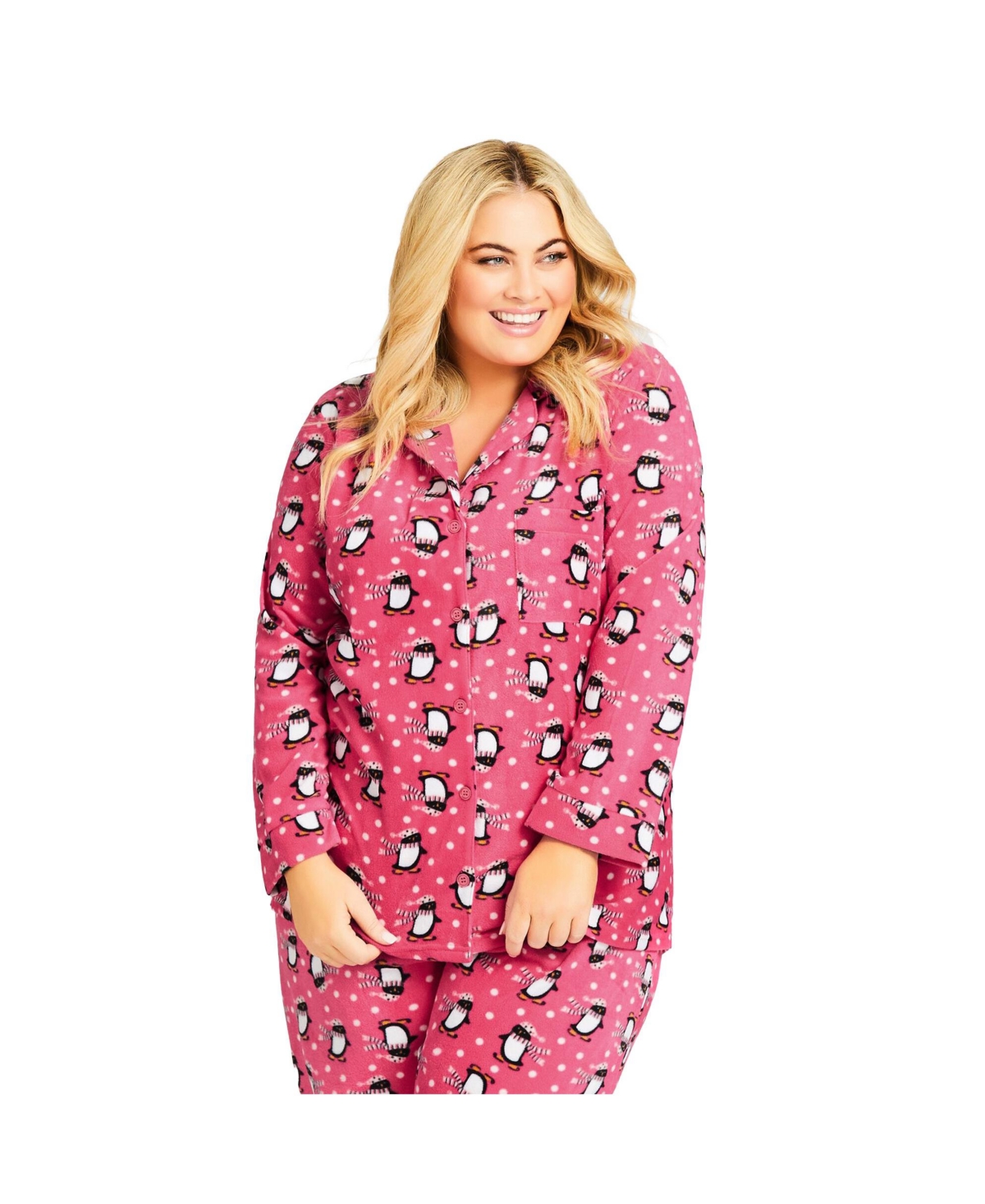 Women's Plus Size Penguin Button Fleece Sleep Top - Penguin print