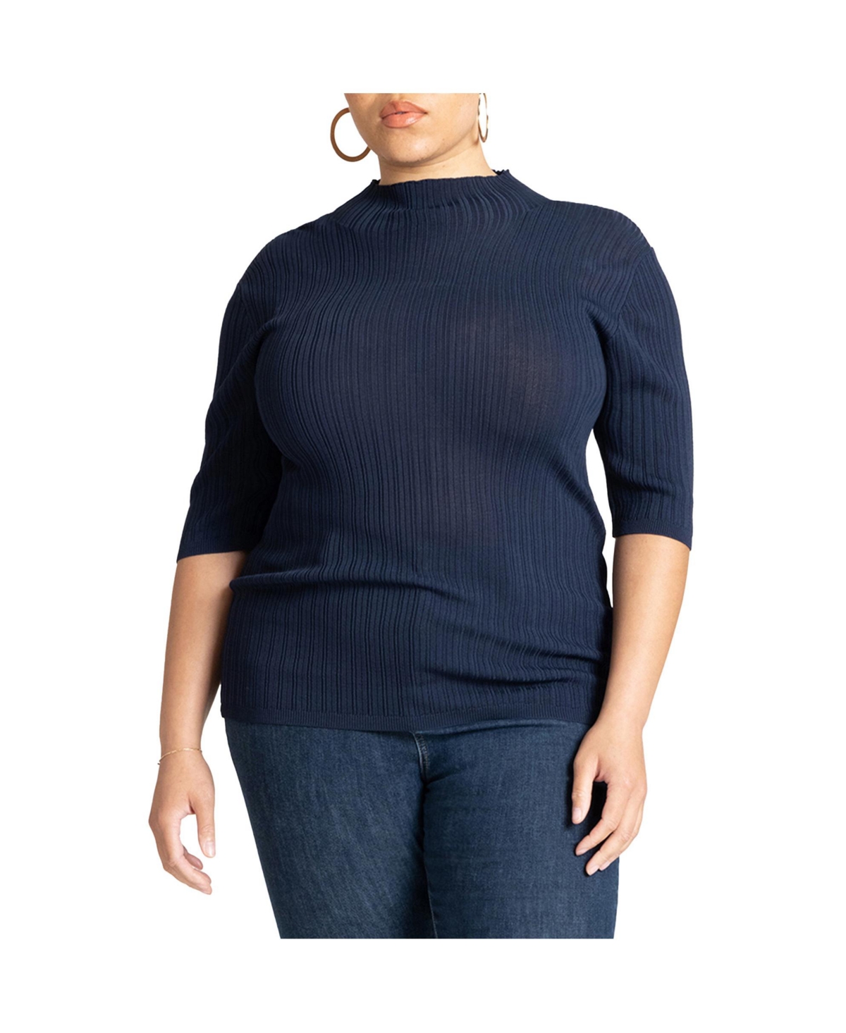Women's Plus Size Sleek Funnel Neck Elbow Sleeve Sweater - Naval blue