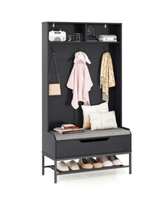 69" Tall Hall Tree with Seat Cushion Open Compartments Hooks Lift-top Storage