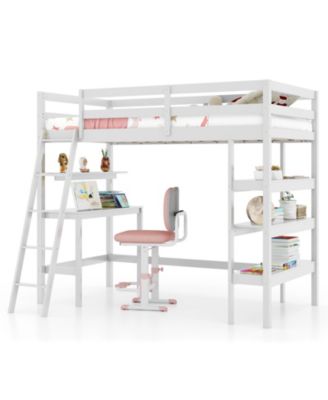 Twin Size Loft Bed with Desk and Bookshelves for Kids and Teens