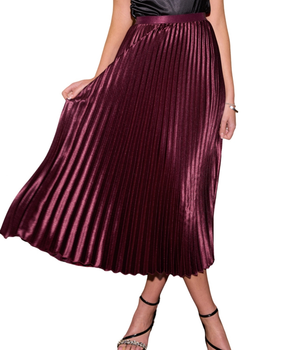 Women's Satin Pleated Midi Skirt - Red