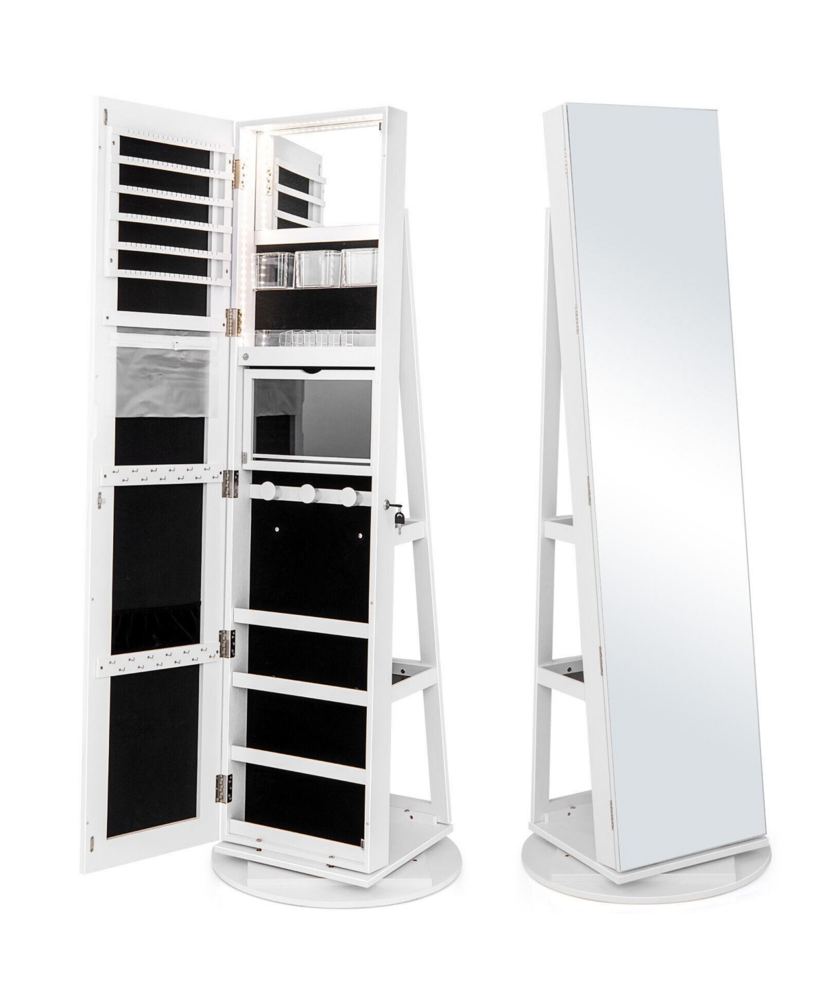 360 Rotating Mirrored Jewelry Cabinet Armoire 3 Color Led Modes Lockable - White