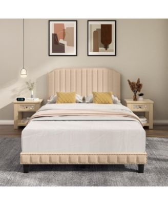 Heavy Duty Upholstered Bed Frame with Rivet Headboard-Full Size