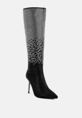 Womens Orymple Shiny Rhinestone Studded Calf Boots