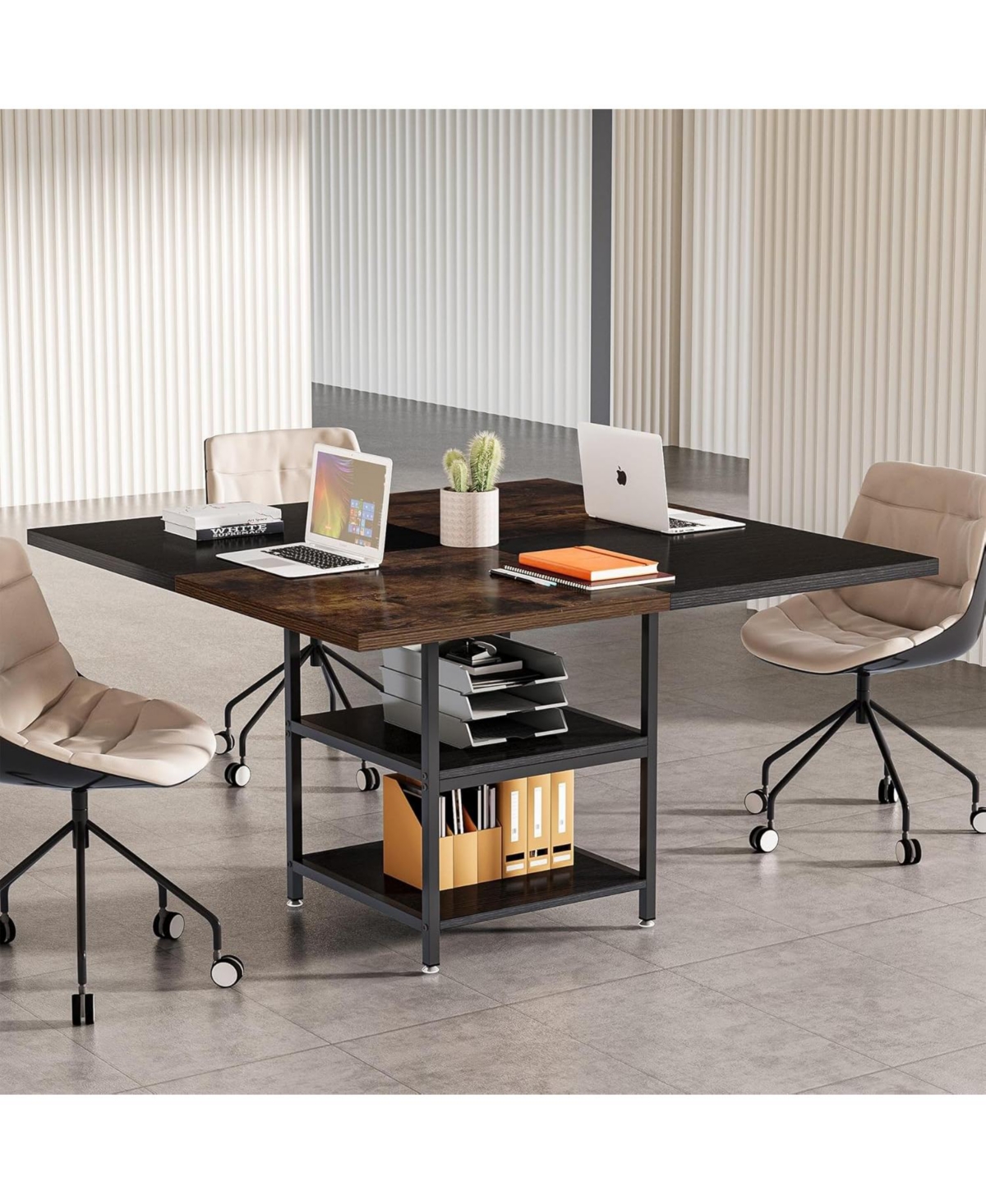 Tribesigns 47-inch Square Conference Table, Wood Seminar Table With Storage And Splicing Tabletop, Business Fur In Brown  Black