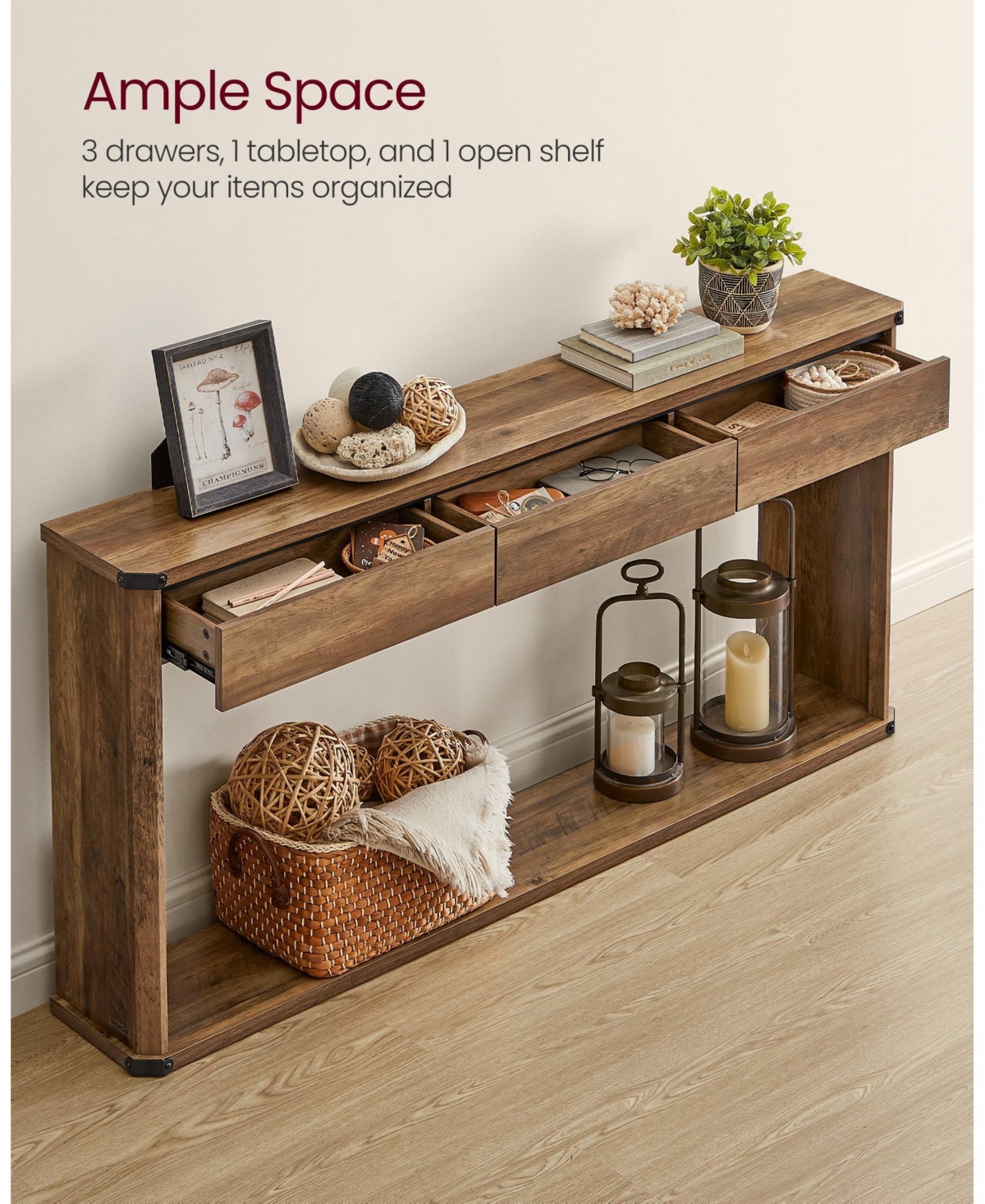 Slickblue 63-Inch Console Table with 3 Drawers Narrow Entryway Table for Living Room or Hallway