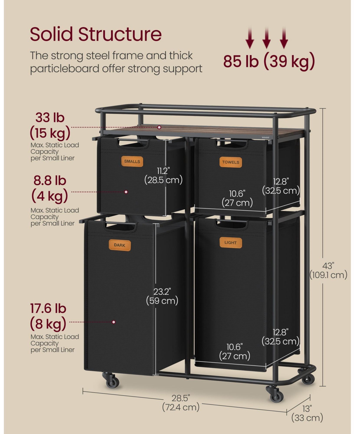 Slickblue 150L Rolling Laundry Sorter with Wheels, 4 Removable Liners, Shelf & 6 Labels for Easy Organization
