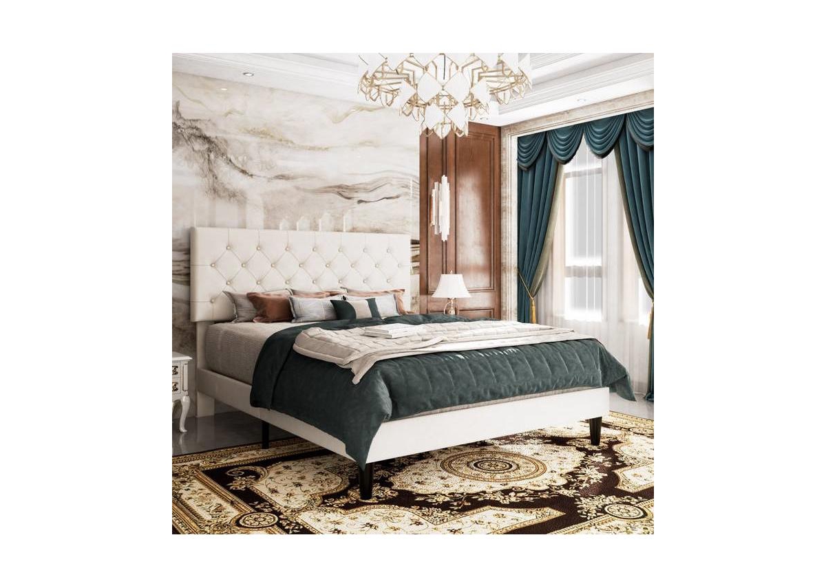 Slickblue Faux Leather Upholstered Platform Bed with Button-Tufted Headboard and Sturdy Frame