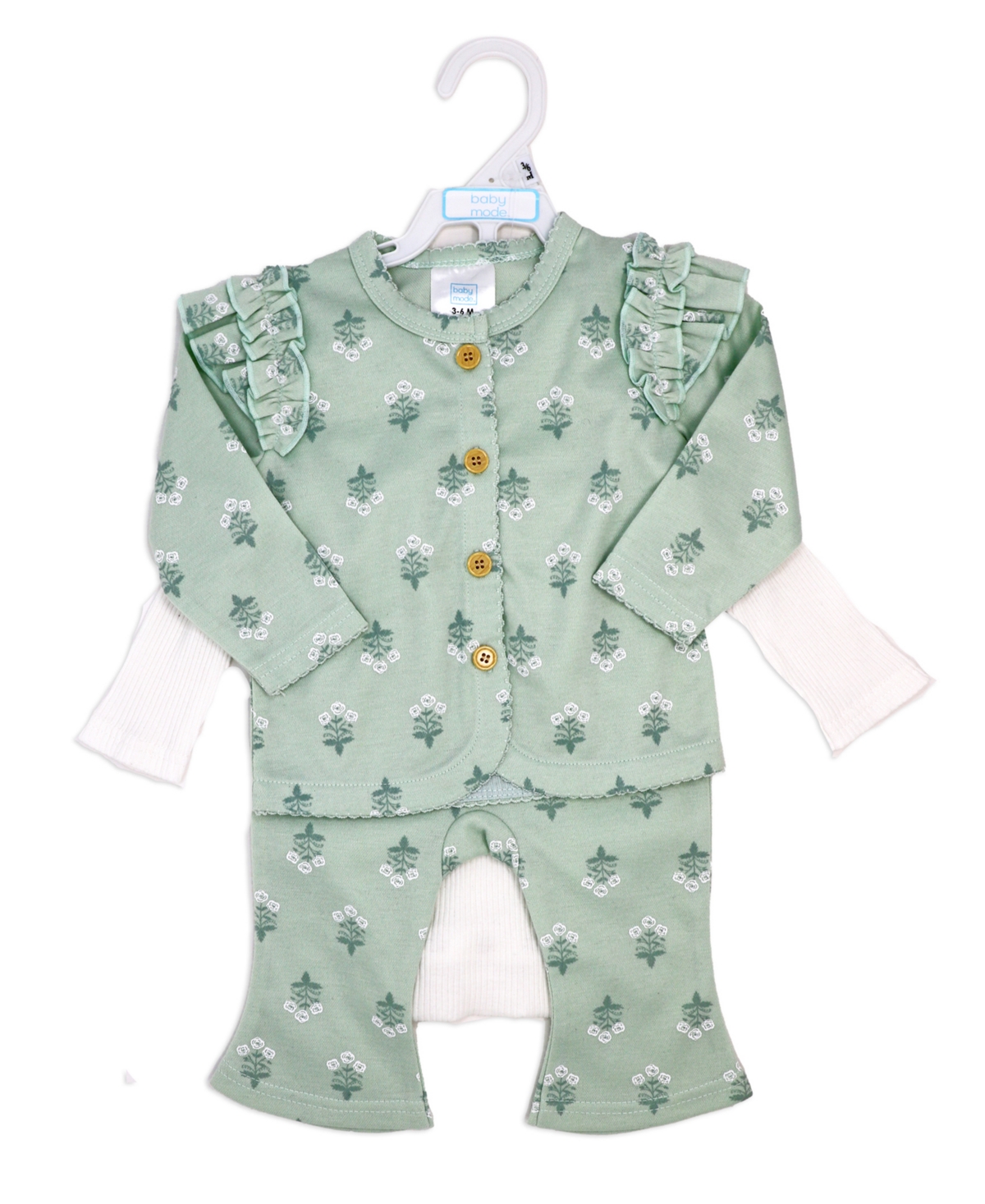 Shop Baby Mode Baby Girls Misty Rose Bell Bodysuit, Pants And Jacket, 3-piece Set In Bright Sage