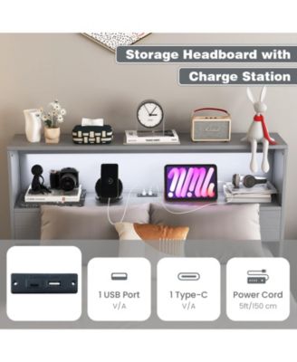 Twin Size Bed Frame with Storage Headboard and Charging Station