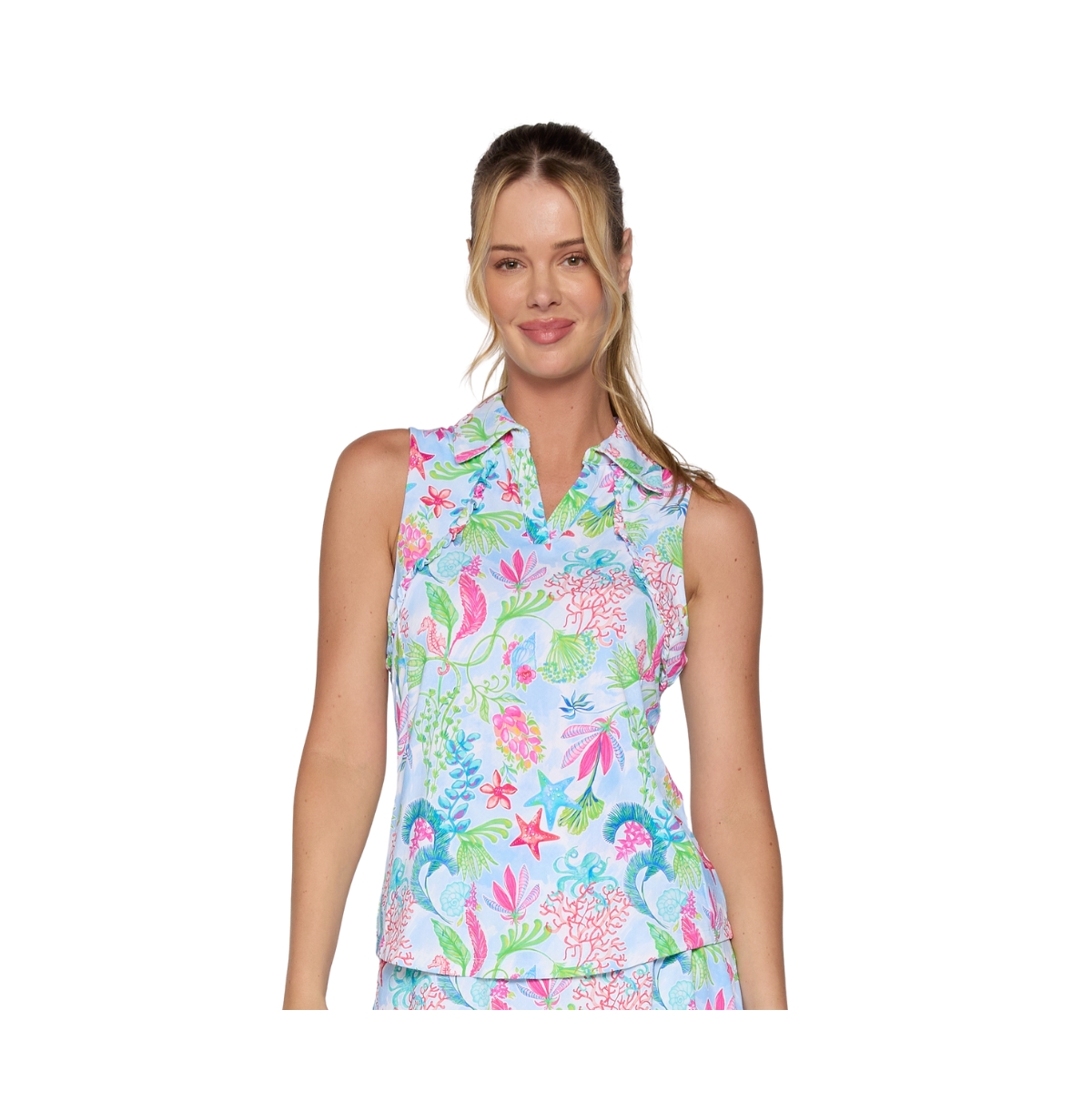 Women's G Lifestyle Sleeveless Ruffle Top - Caribbean turquoise circle geo