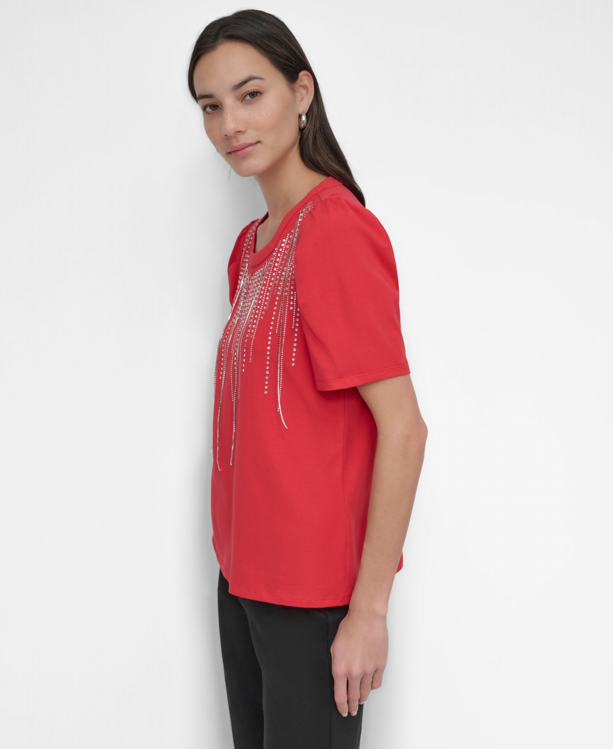 Dkny Women's Crewneck Embellished-Fringe Short-Sleeve Top