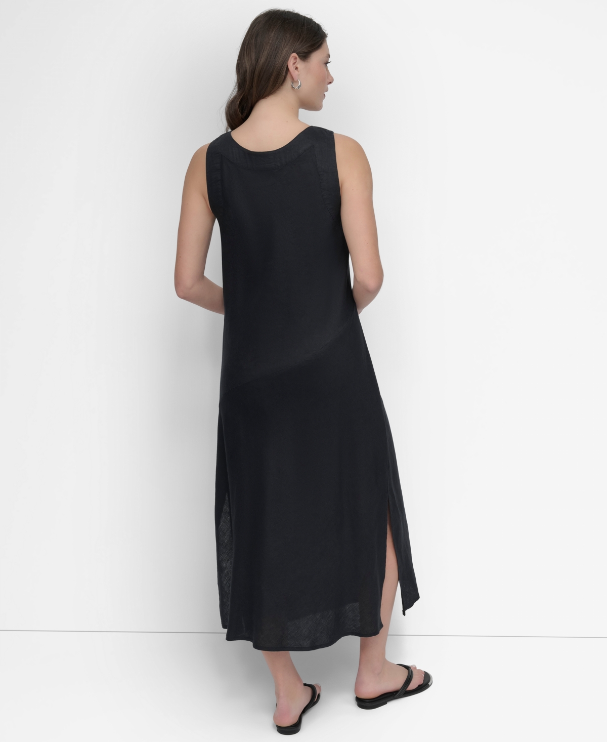 Dkny Women's Linen Panelled V-neck Midi Dress In Black