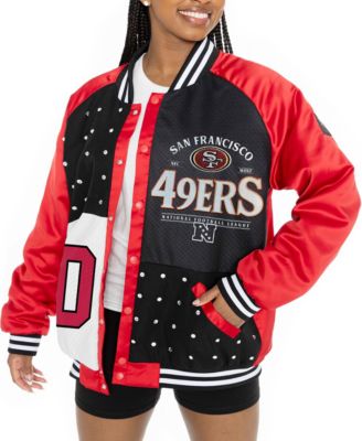 Women's Scarlet/Black San Francisco 49ers Oversized Hot Shot Rhinestone Throwback Full-Snap Varsity Bomber Jacket