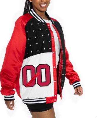 Women's Scarlet/Black San Francisco 49ers Oversized Hot Shot Rhinestone Throwback Full-Snap Varsity Bomber Jacket