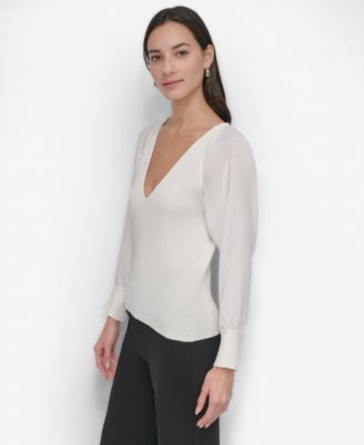 DKNY - Women's Mixed-Media V-Neck Top