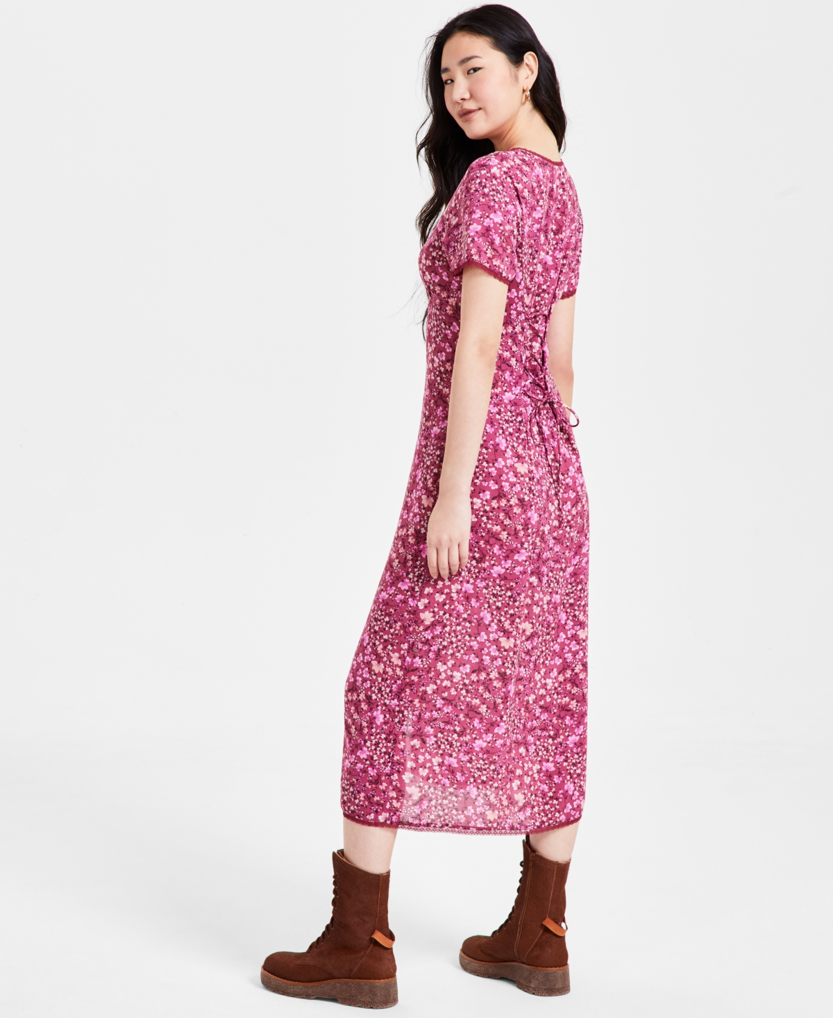 LUCKY BRAND WOMEN'S LACE-TRIM FLORAL MIDI DRESS 