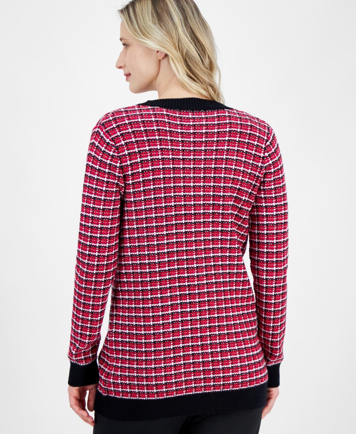 T Tahari Women's Check Contrast-trim V-neck Cardigan In Pink Heart Combo