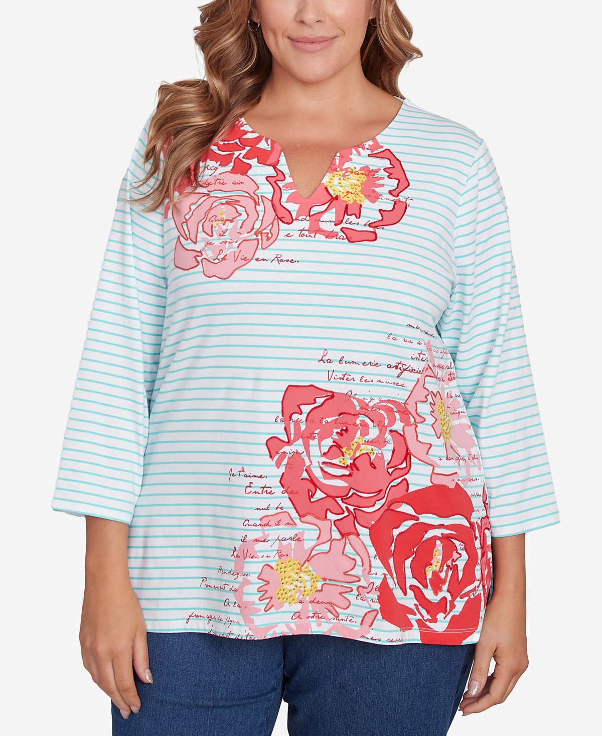 Ruby Rd. Plus Size Floral Embroidered Script Stripe Top In Julep Multi