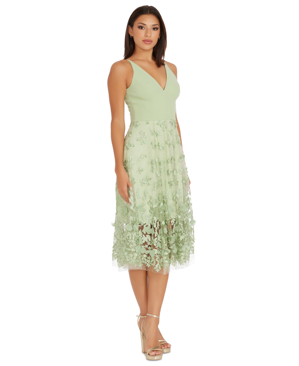 Shop Dress The Population Plunging Darleen Neck Fit & Flare Dress In Sage