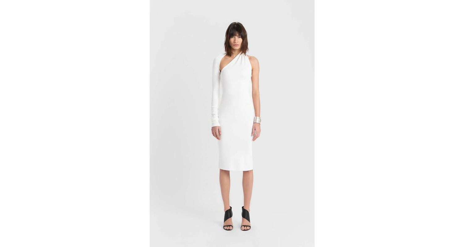 Women's Manhattan One-Shoulder Long-Sleeve Open-Back Fitted Midi Dress