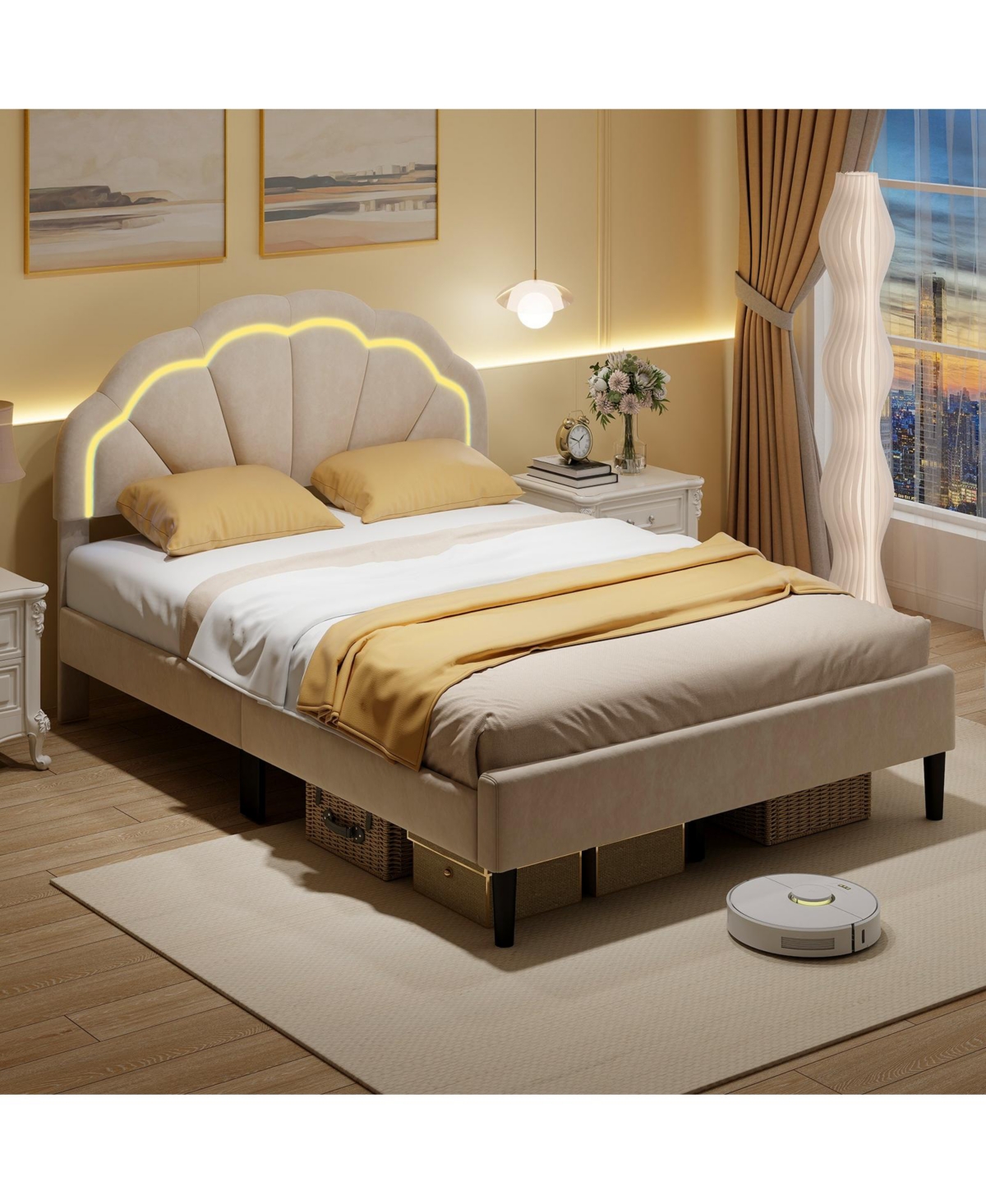 Gouun Upholstered Led Bed Frame with Adjustable Flower Headboard and Metal Support Feet-Fullkhaki