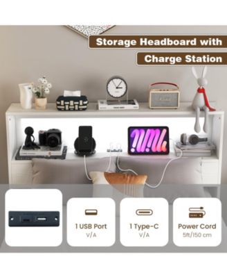 Twin Size Bed Frame with Storage Headboard and Charging Station