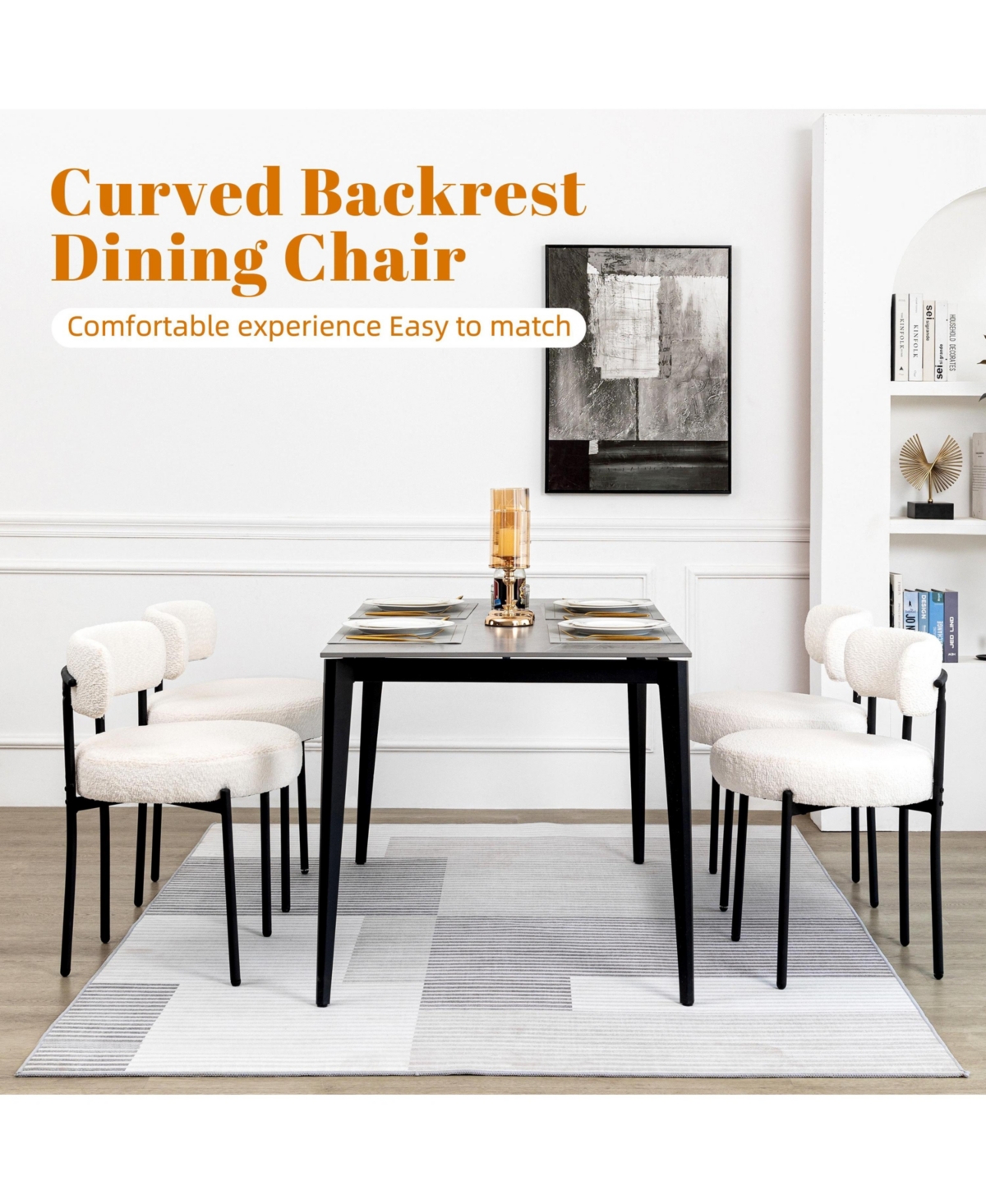Dyhome Dining Chairs Set of 6, Mid-Century Modern Dining Chairs, Kitchen Dining Room Chairs, Curved Backrest Round Upholstered Boucle Sherpa Dining Ch
