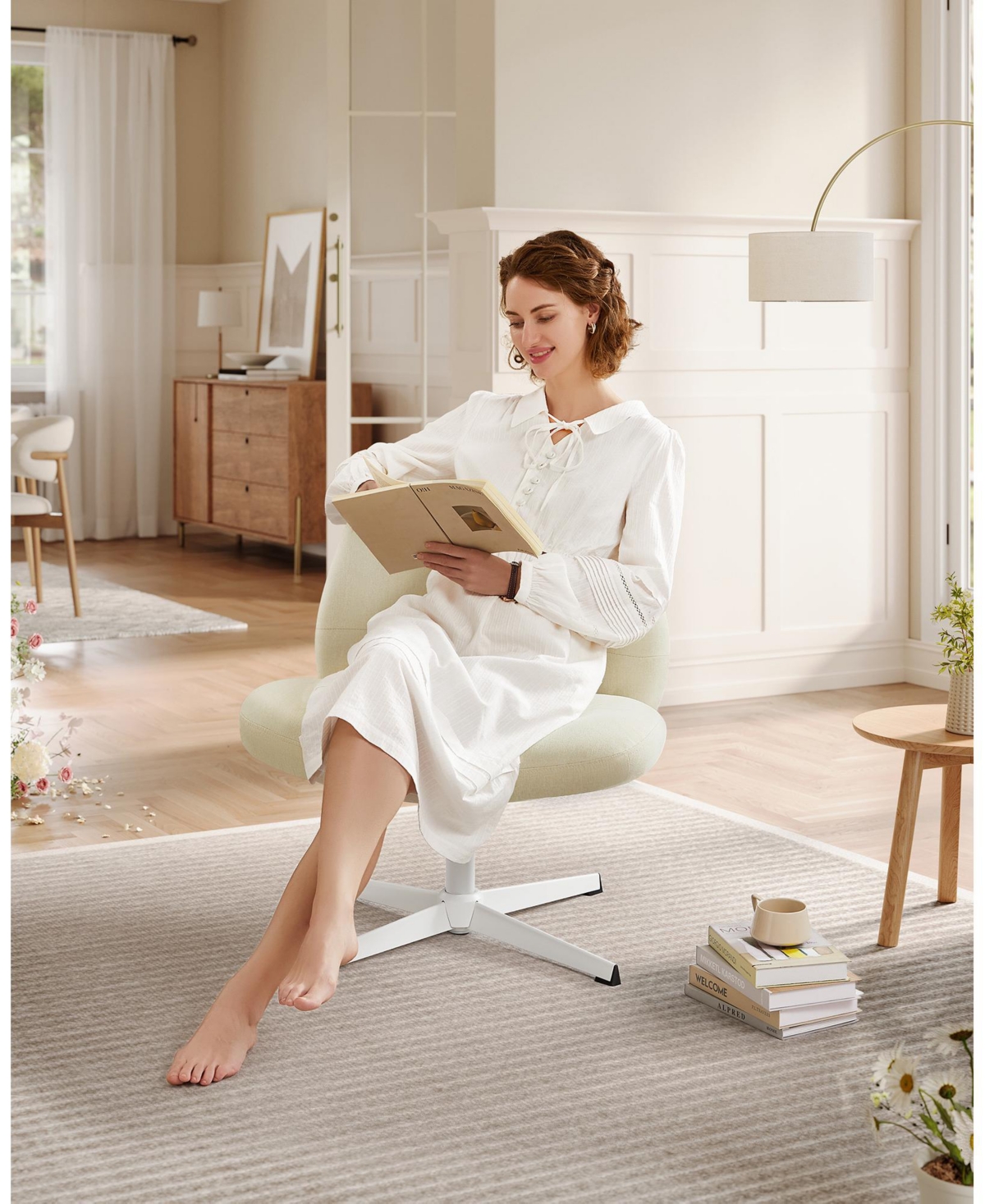 Slickblue Criss Cross Armless Office Chair with Wheels, Adjustable Height, Swivel Desk & Vanity Chair with Comfortable Cotton-Linen Seat